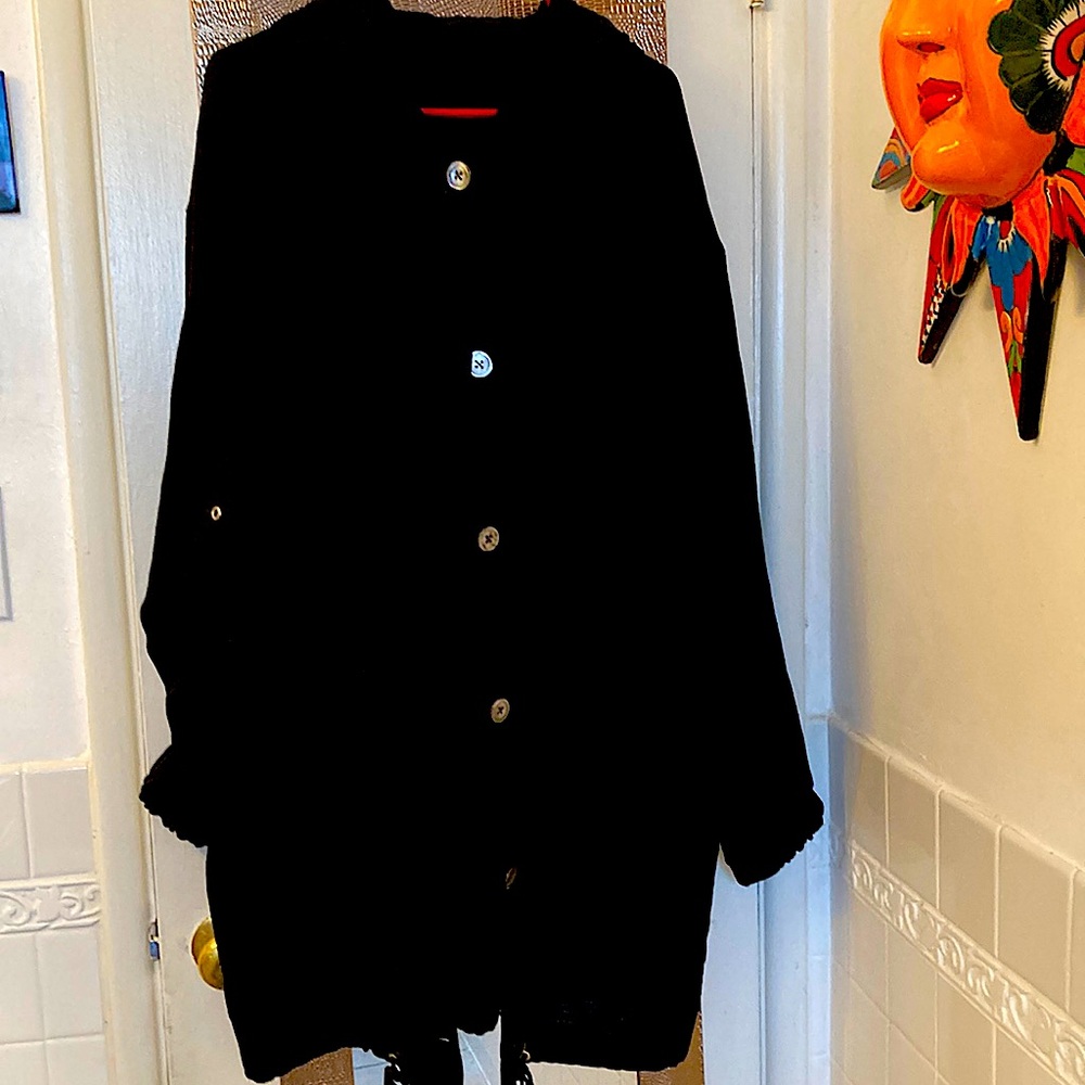 Black mid legenth 100 percent linen jacket.